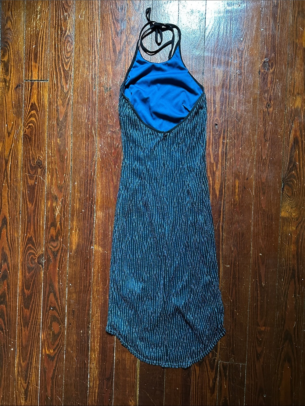 Gunne Sax Black and Blue Glitter High-Low Disco Halter Dress 70s 90s Vintage - Picture 6 of 9